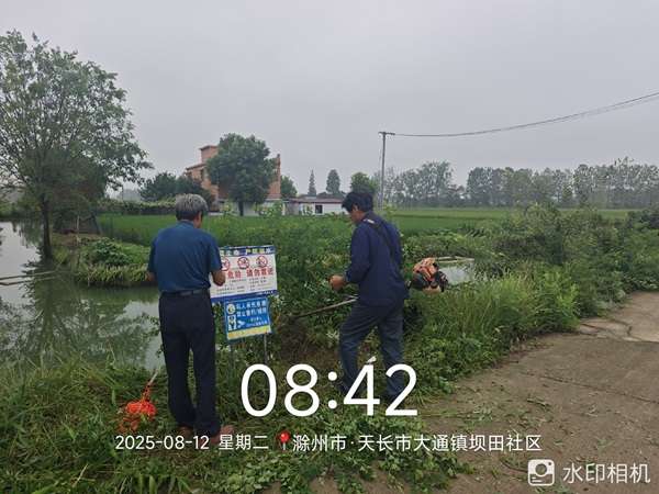 坝田社区开展防溺水警示牌及救援设备周边杂草清理工作