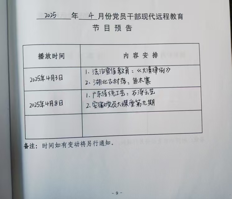 铜城镇余庄村2025年4月远程教育播放计划