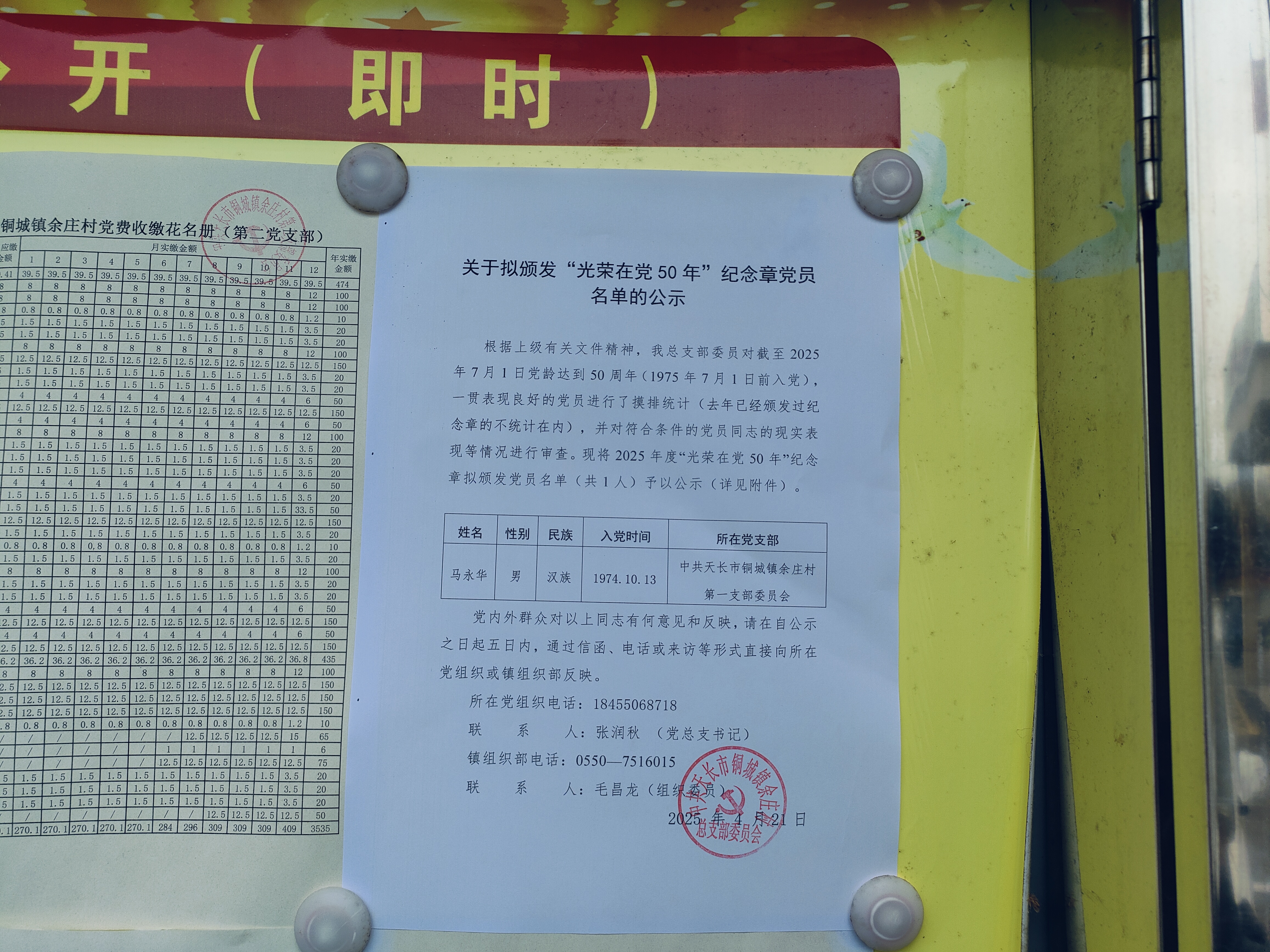 铜城镇余庄村关于拟颁发“光荣在党50年”纪念章党员名单的公示