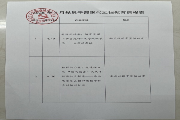 安乐社区2025年4月党员干部现代远程教育播放计划